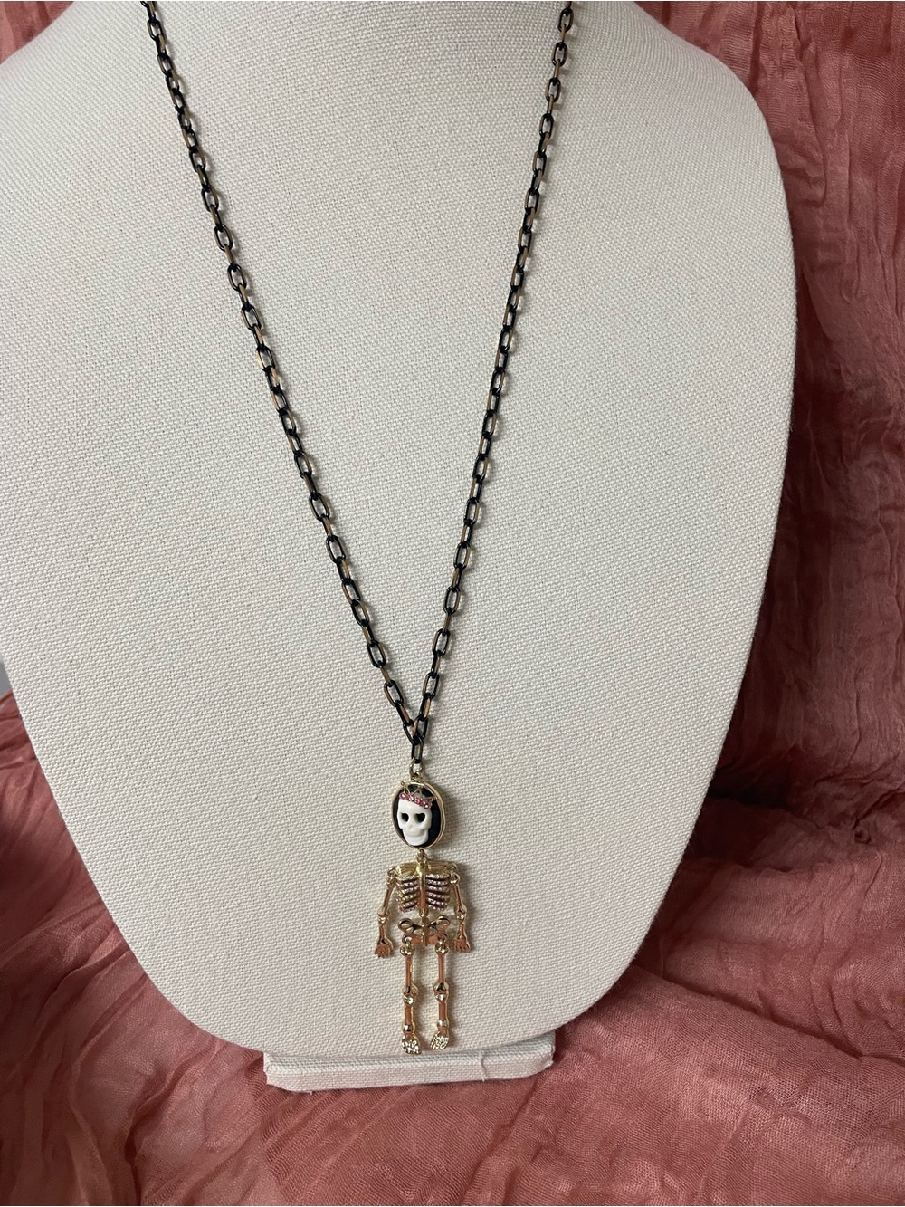 Betsey Johnson Gold Skeleton Pendant Necklace with Black & Gold Chain